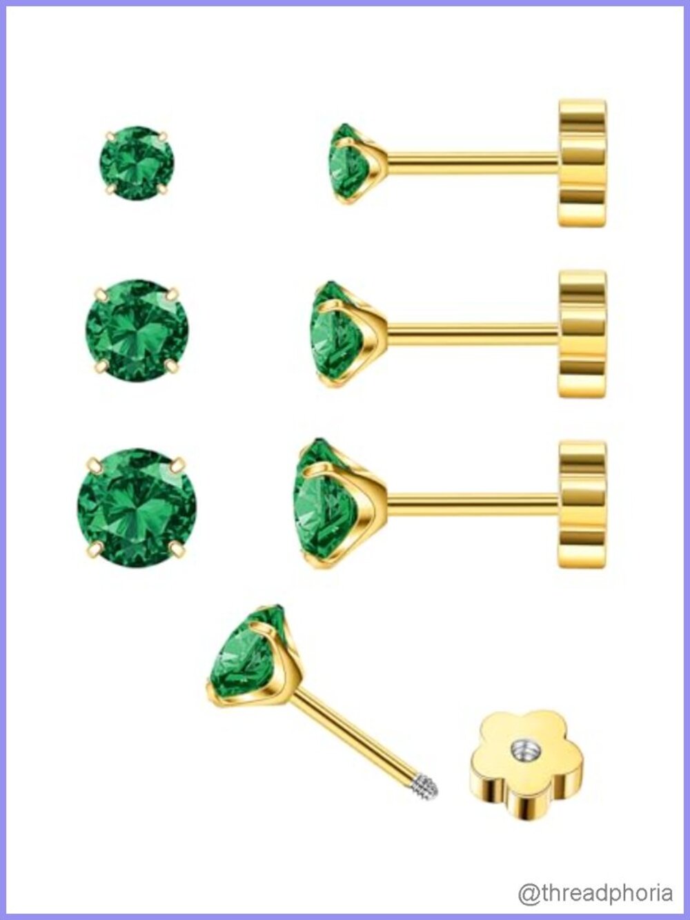 14K Gold Plated CZ Flat Back Stud Earrings Set Hypoallergenic Screw Back